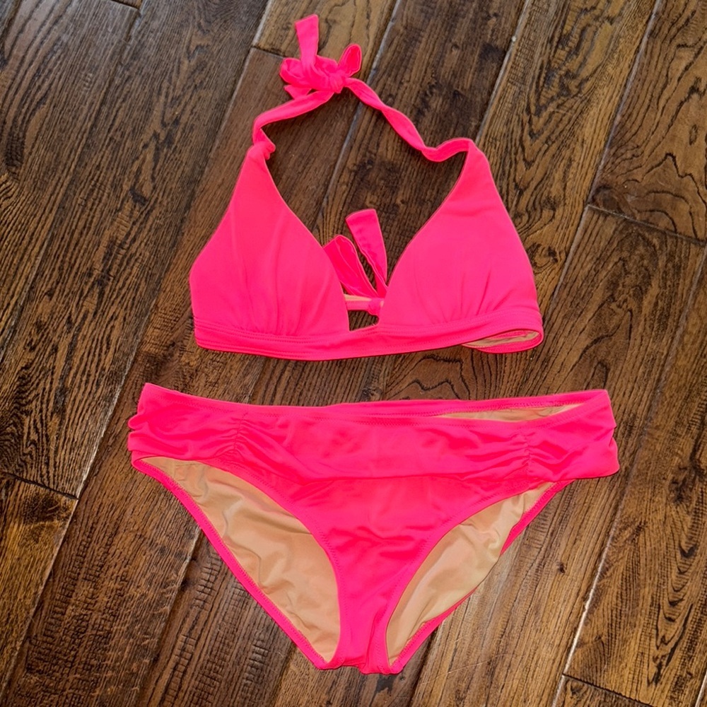 J. Crew Neon Pink Halter 2 Piece Bikini Set